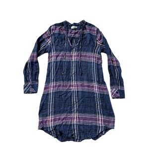 Anthropologie Cloth & Stone Plaid Boho Long Sleeve V Neck Mini Dress Size S